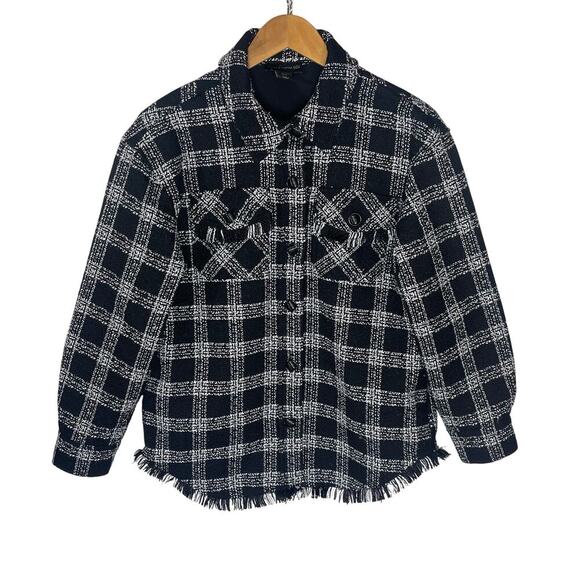 HOUSE OF HARLOW Women’s Black and White Tweed Frayed Shirt Jacket - Picture 1 of 4